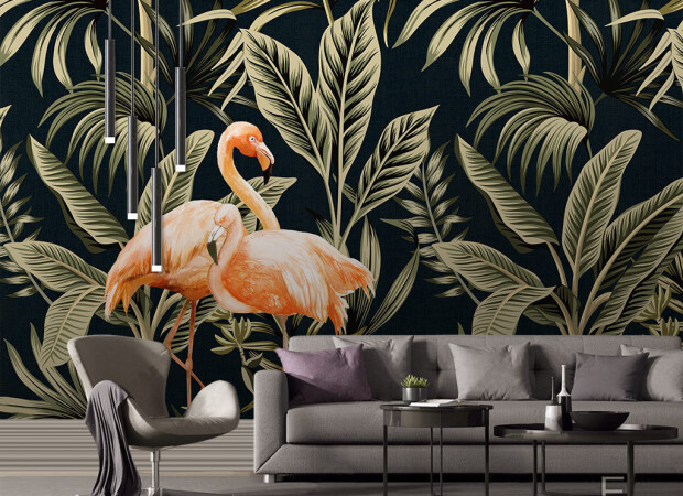 Фламинго и золотые листья