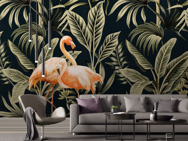 Фотообои Фламинго и золотые листья
