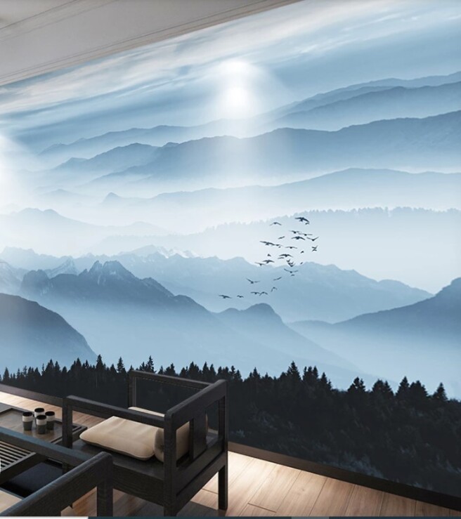 Фотообои пики гор и стая птиц