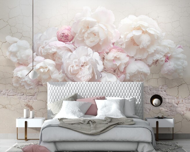 Фотообои пионы на кирпичной стене