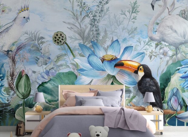 тропические цветы голубые, попугай и фламинго