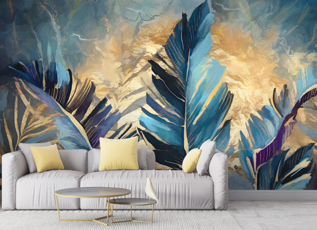 синие листья на синем фоне с желтым