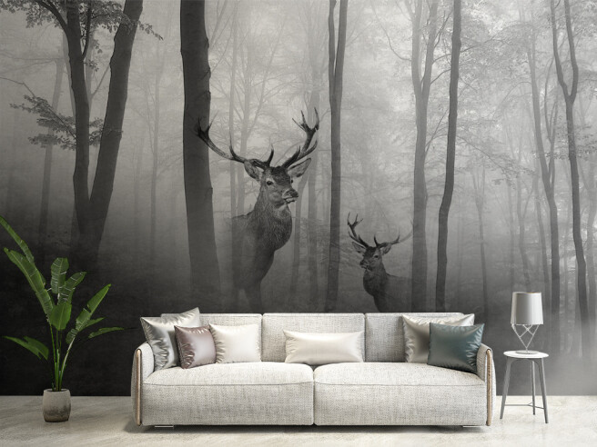 Фотообои Олени в туманном лесу