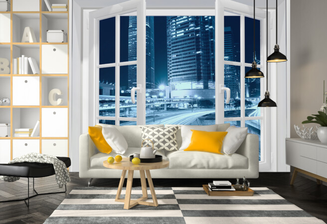 Фотообои окно в мегаполис