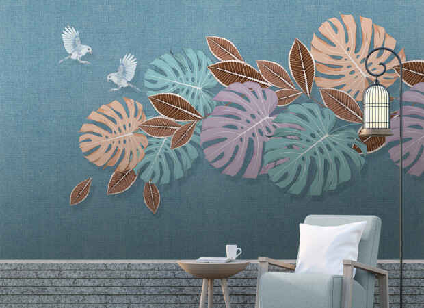 Листья монстеры и две белые птицы