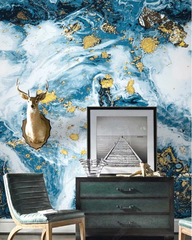 Фотообои сине-белый флюид с золотом