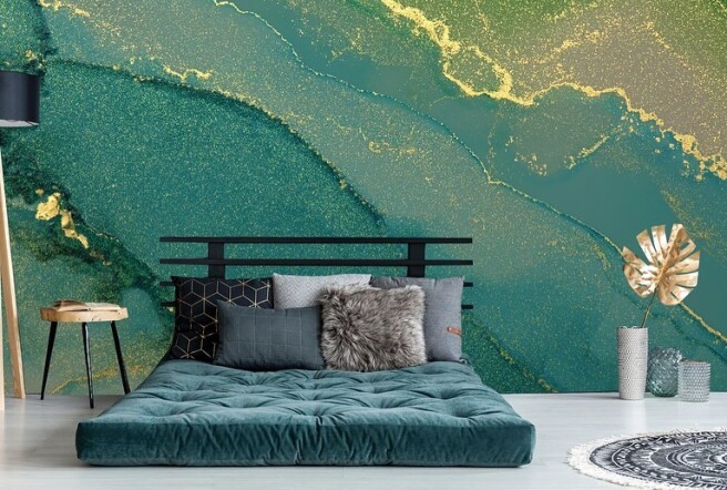 Фотообои зеленый флюид с золотом