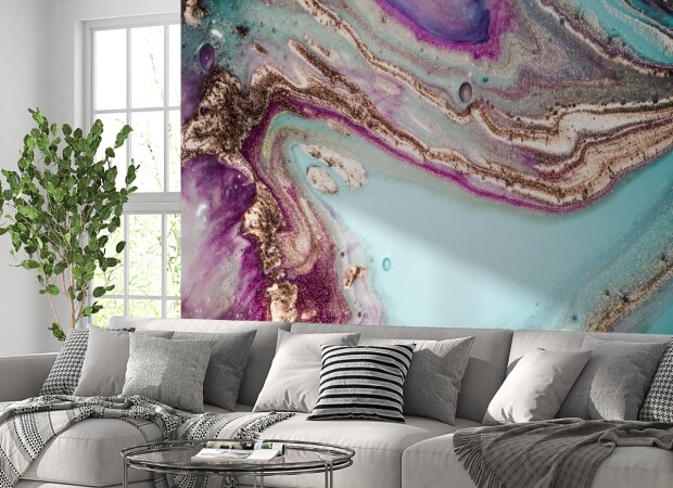 бирюзовый флюид с вкраплением золота и сиреневых волн