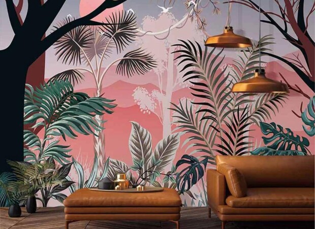 тропики на фоне розовых гор и заката