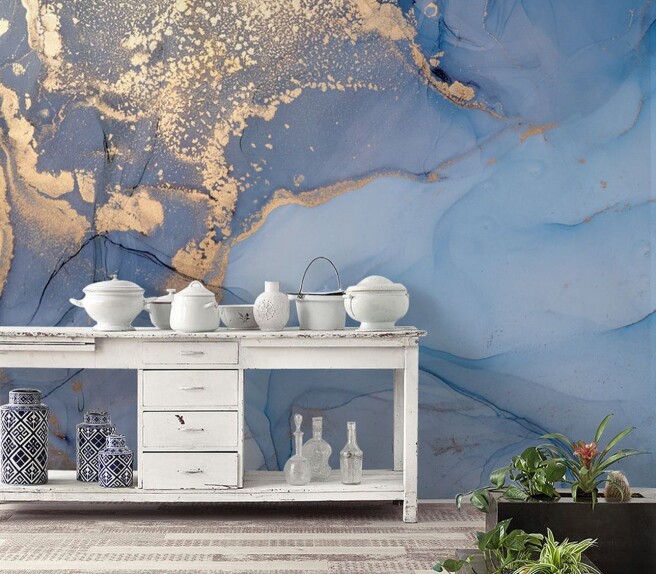 Фотообои синий флюид с золотом