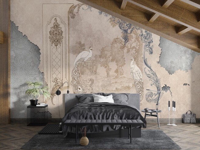 Фотообои два павлина на фоне под старину