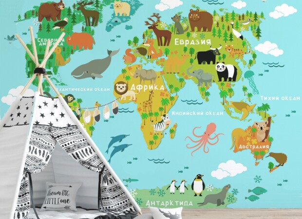 Голубая карта с мультяшными животными
