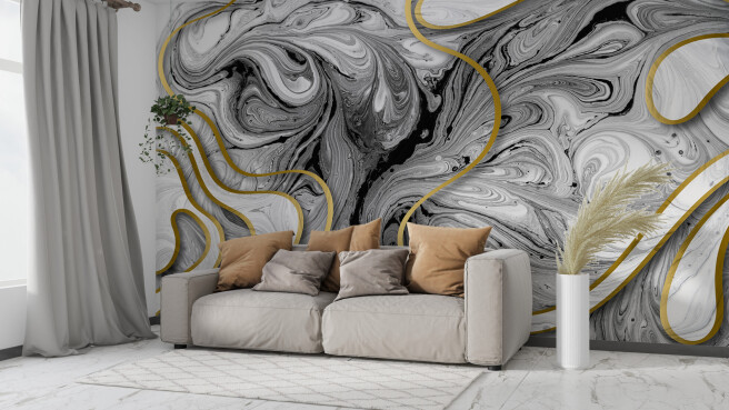 Фотообои чорно-белый флюид с золотоыми линиями