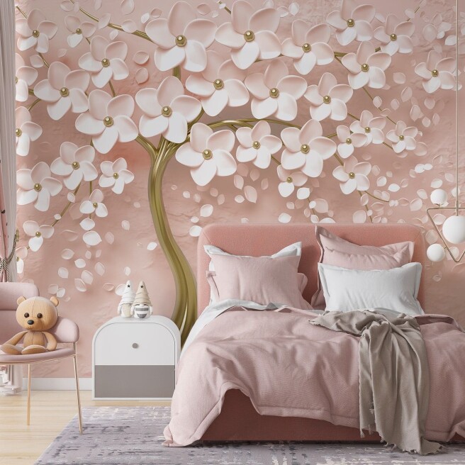 Фотообои цветущее дерево на пудровом фоне