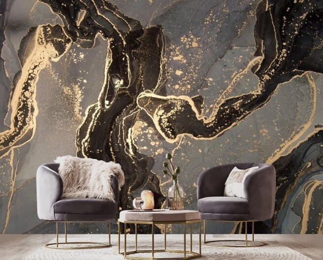 Фотообои серо-черный золотой  флюид