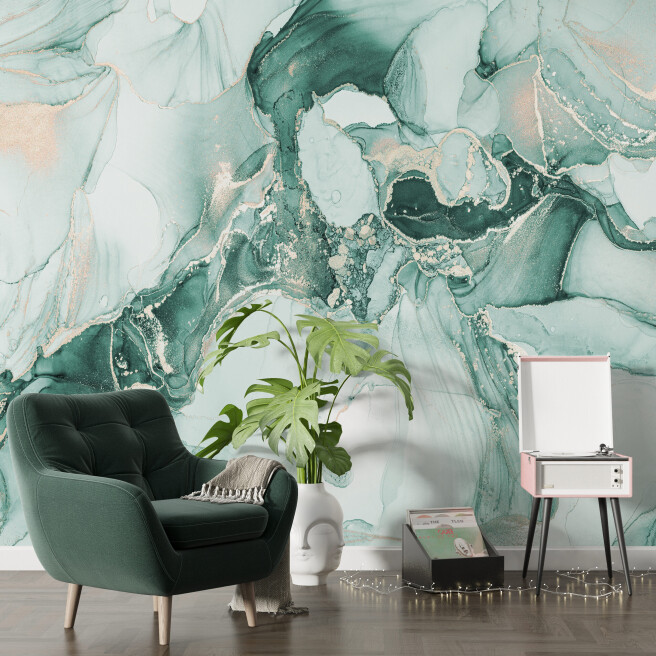 Фотообои светло-зеленый флюид  с золотом