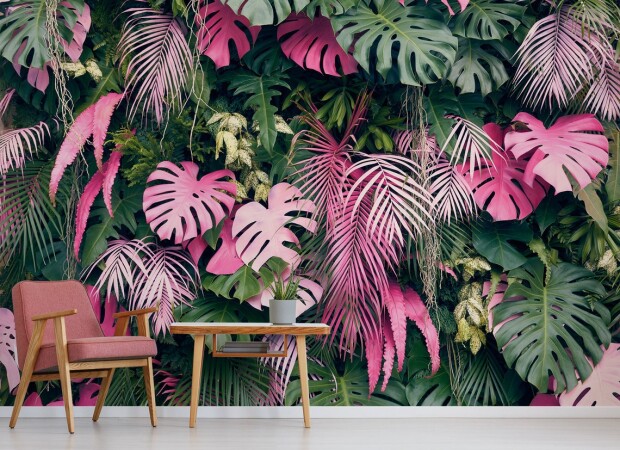 листья монстера зеленые и розовые