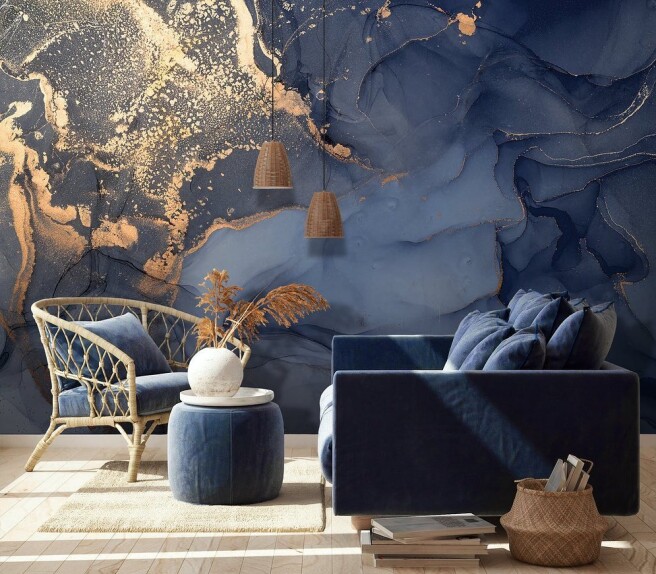 Фотообои синий флюид с золотом