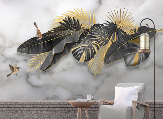 Птицы на черно-золотых листьях