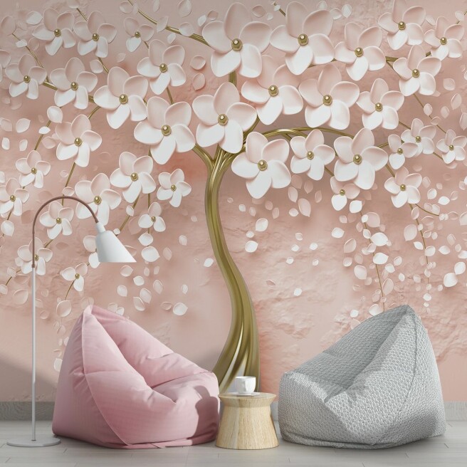 Фотообои цветущее дерево на пудровом фоне