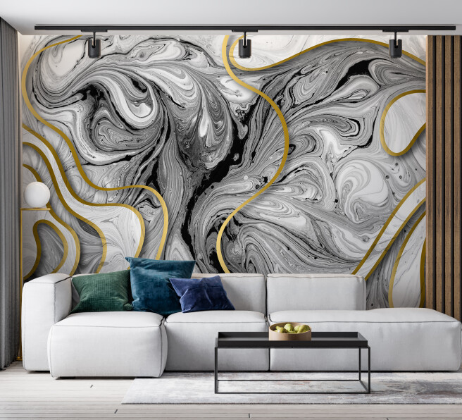 Фотообои чорно-белый флюид с золотоыми линиями