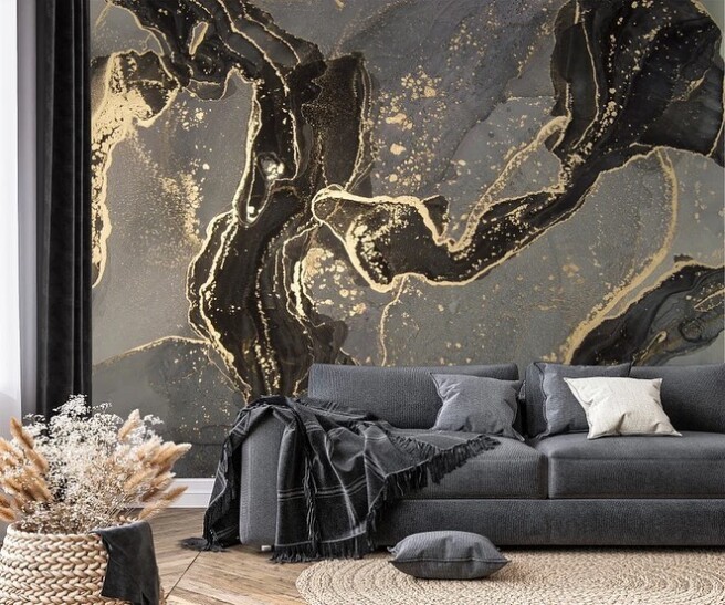 Фотообои серо-черный золотой  флюид