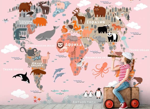 Розовая карта с мультяшными животными
