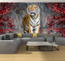 Фотообои тигр в красных листьях