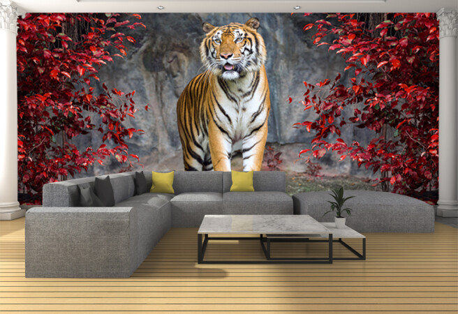 Фотообои тигр в красных листьях