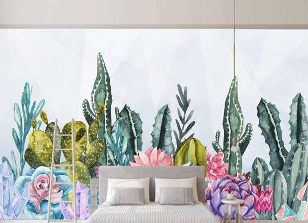 Разноцветные цветы и кактусы