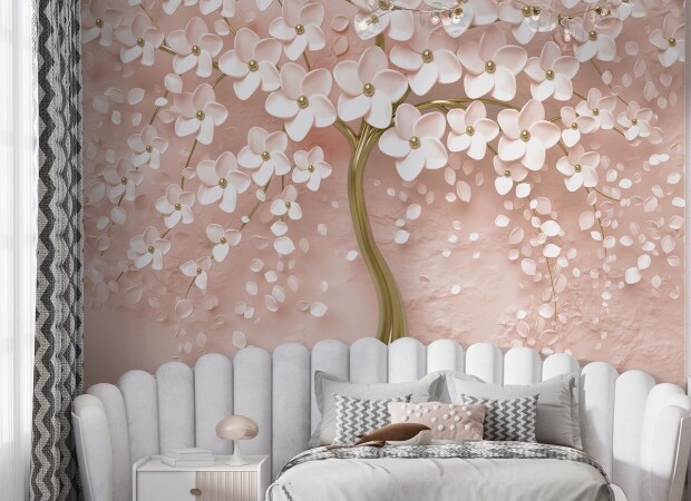 цветущее дерево на пудровом фоне