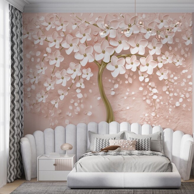 Фотообои цветущее дерево на пудровом фоне