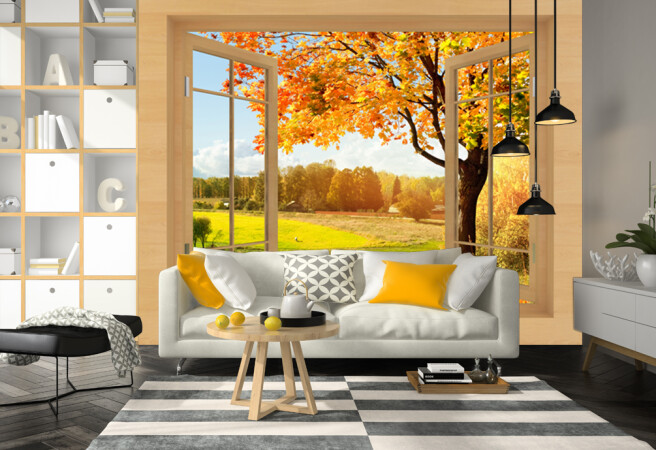 Фотообои окно в осенний сад