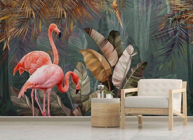 фламинго в объемных листьях